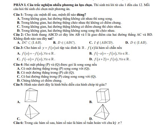 Đề giữa kỳ 1 Toán 11 năm 2024 2025 trường THPT Quang Trung Gia Lai